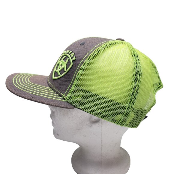 Ariat Snap Back Mesh Back Hat Adjustable Embroidered Logo Green Gray - Picture 2 of 16
